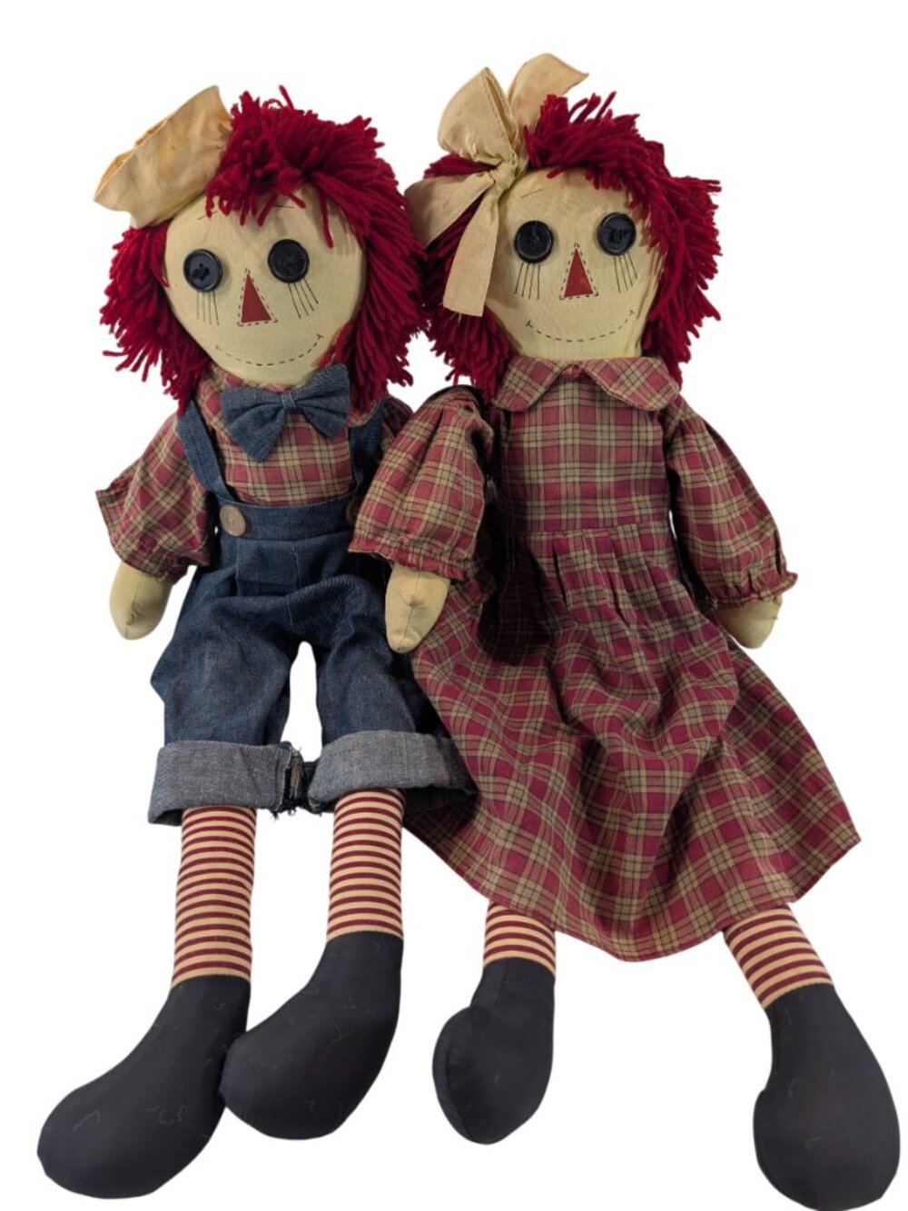 vtg 90s Raggedy Ann & Andy Primitive Country Folk Art Weighted Dolls 24"